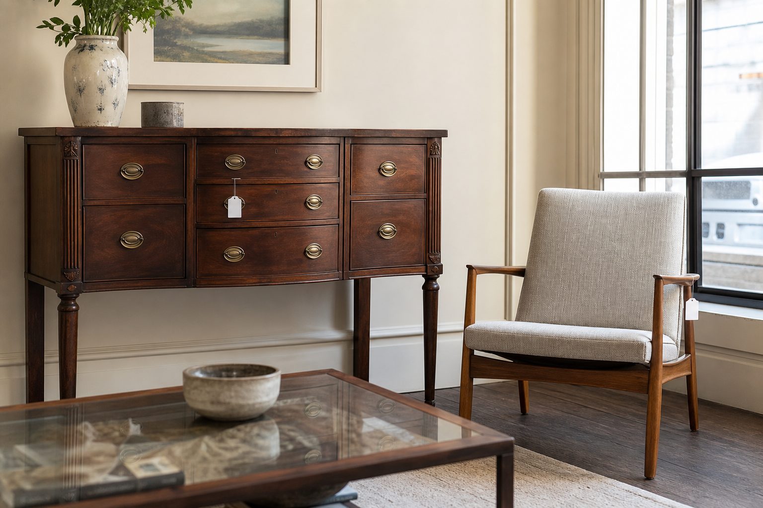 Antique mahogany sideboard staged beside a midcentury chair in a bright staged living room