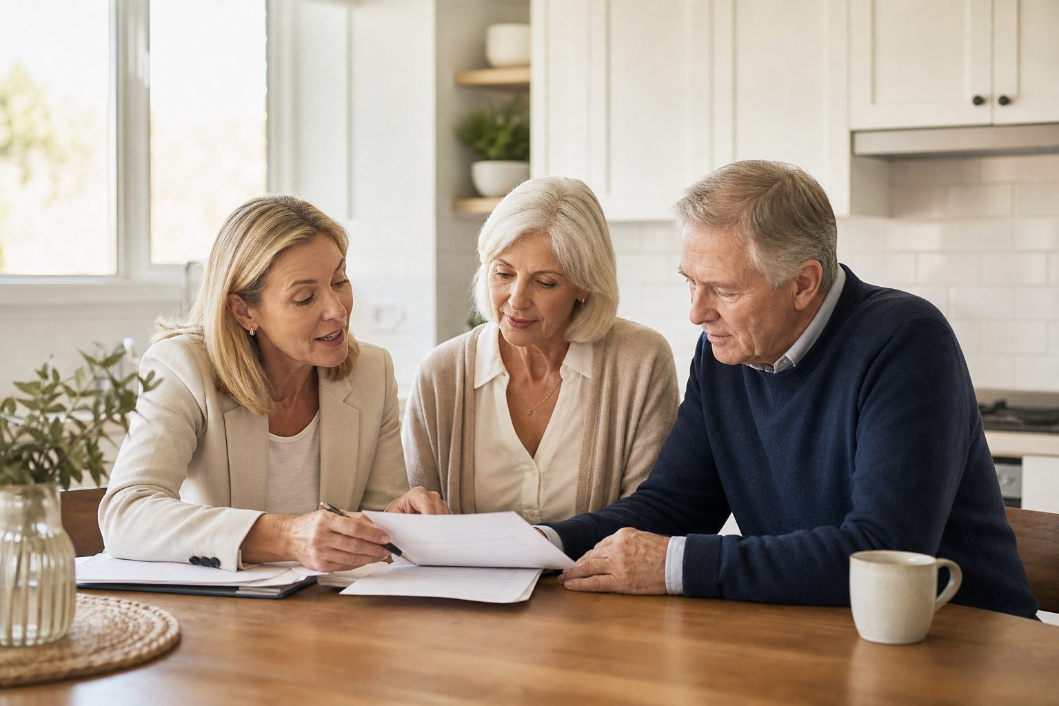 Estate sale company owner reviewing a contract with clients at a bright kitchen table