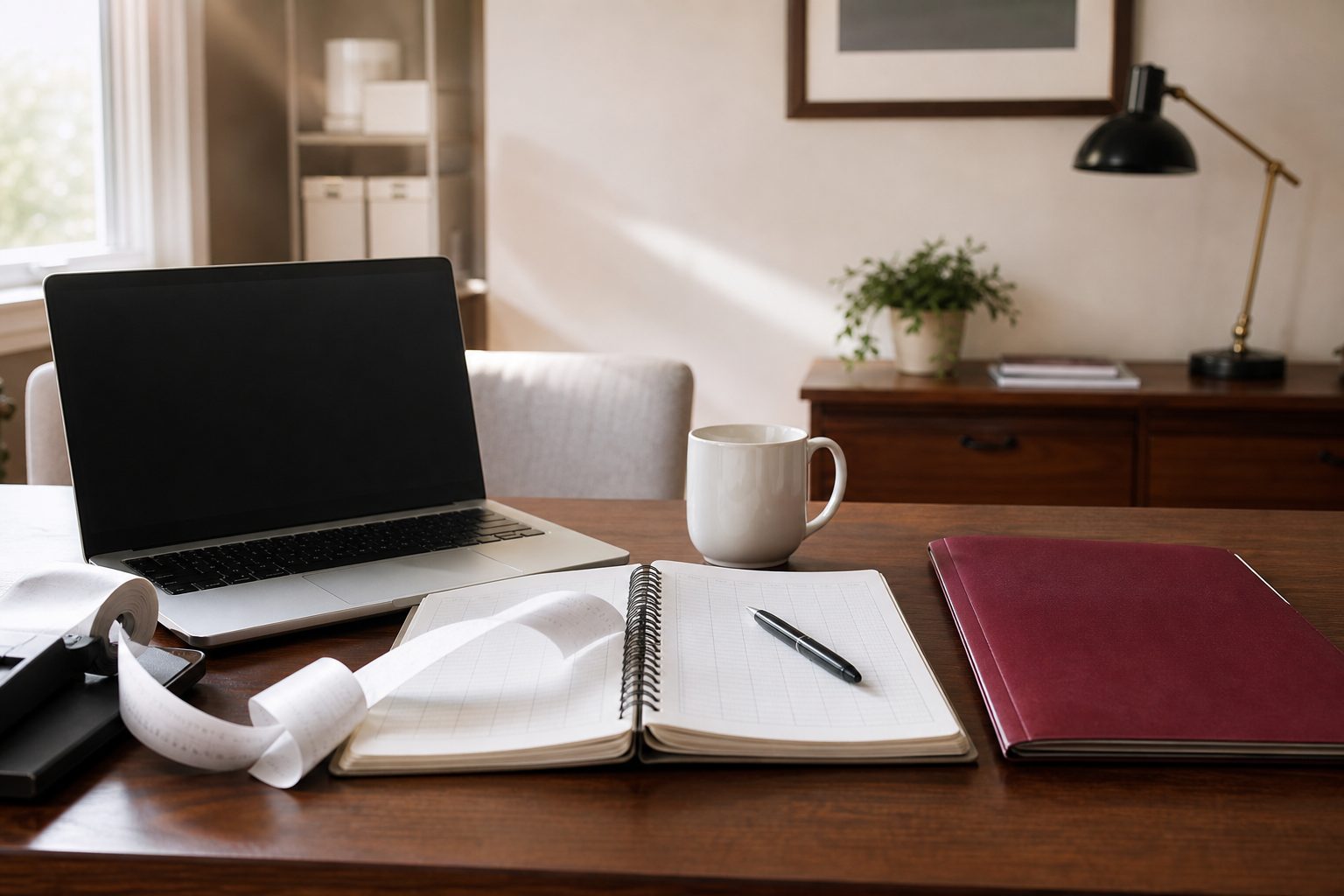 Bright home office desk with a ledger notebook, receipt tape and laptop used for sales tax filing
