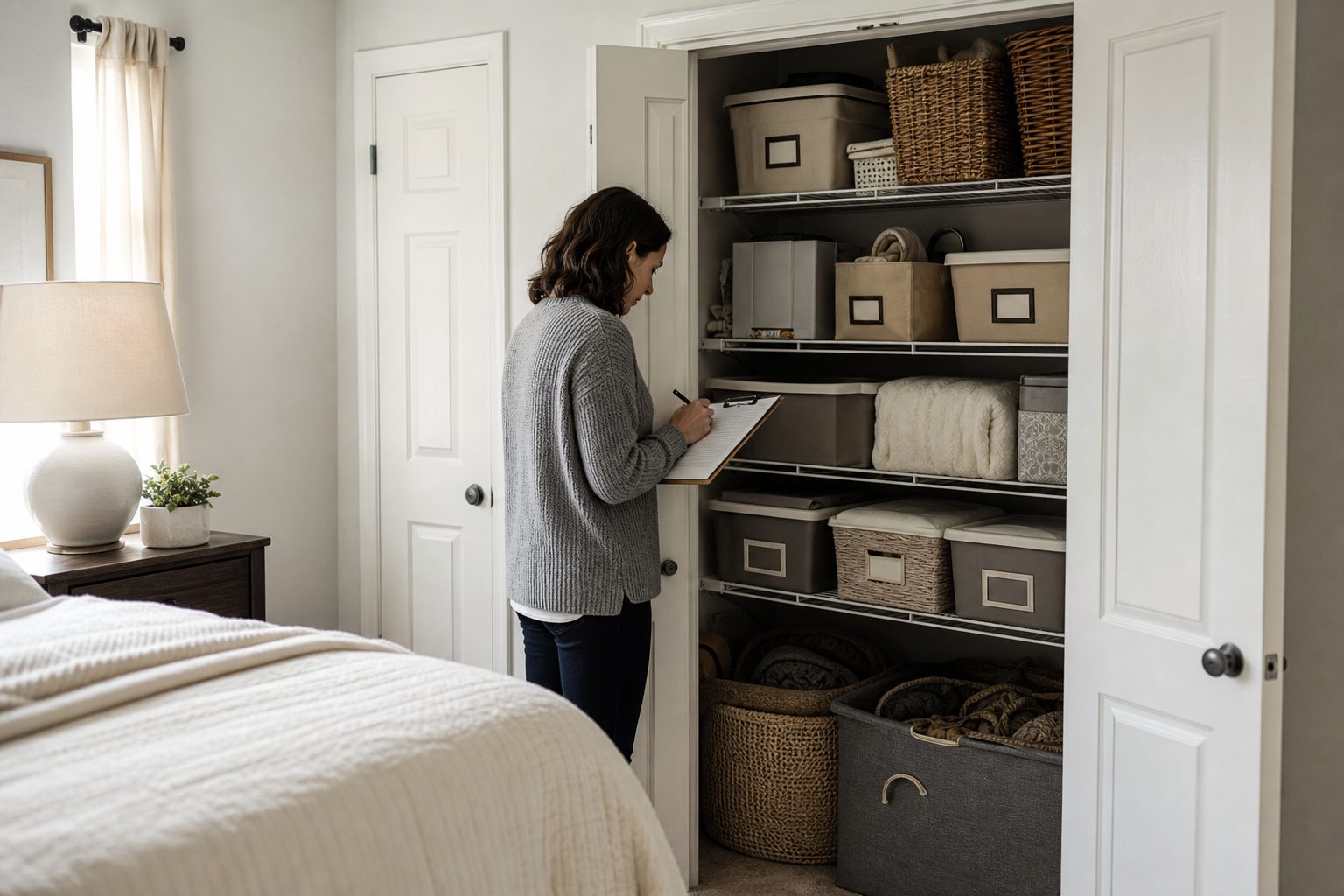 Estate sale worker documenting secured items in labeled bins in a bright bedroom