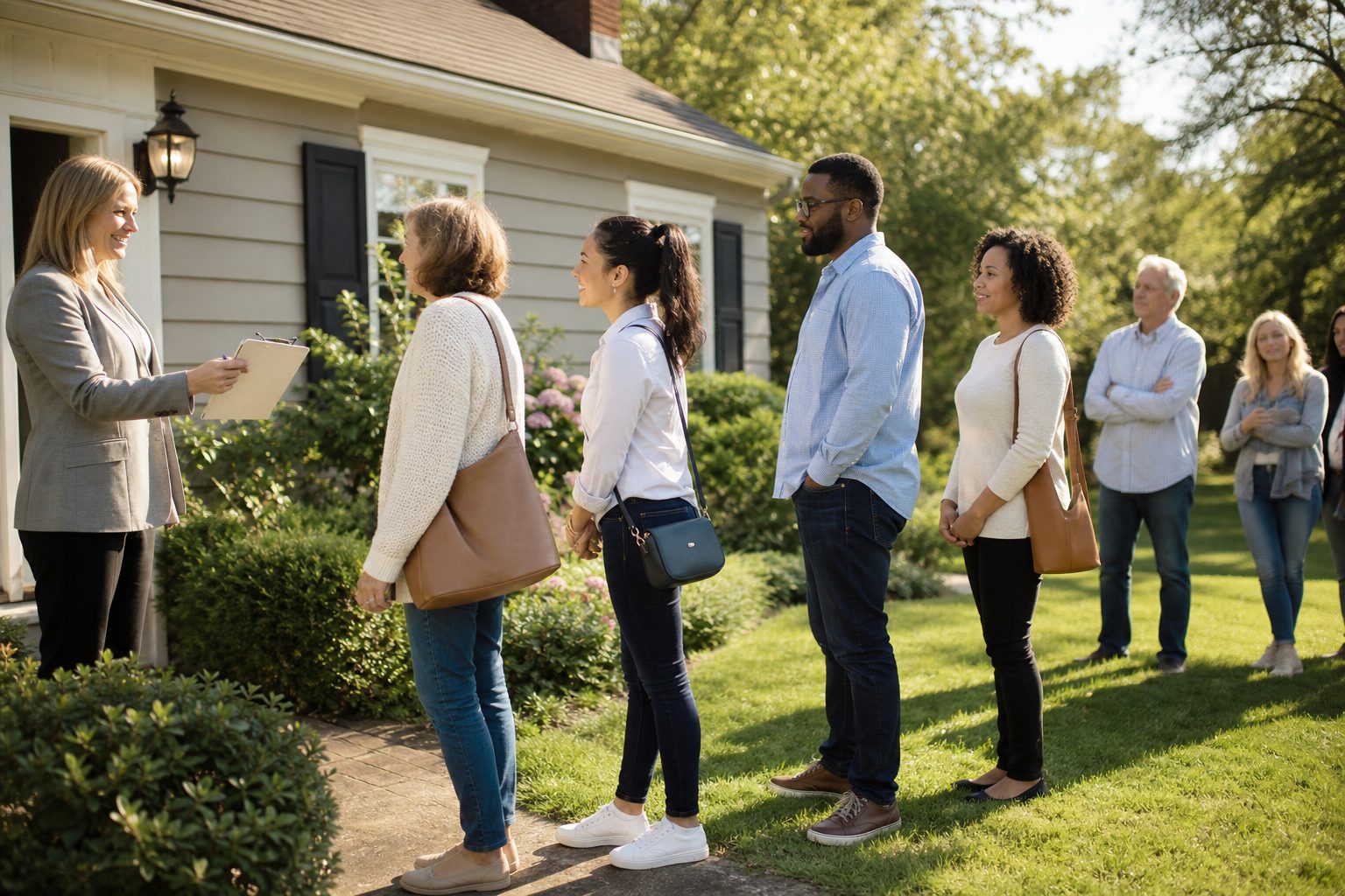 Shoppers lined up on a sunny lawn as an organizer with a clipboard greets them at a house sale