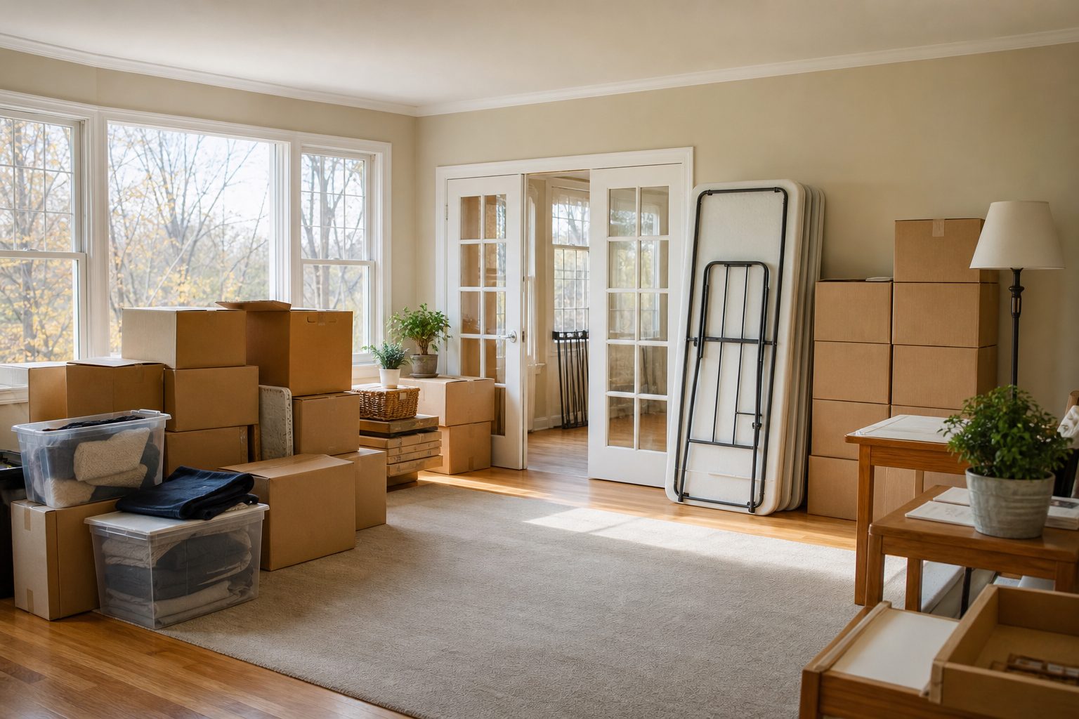 Living room mid cleanout with stacked labeled boxes and folding tables in bright sunlight