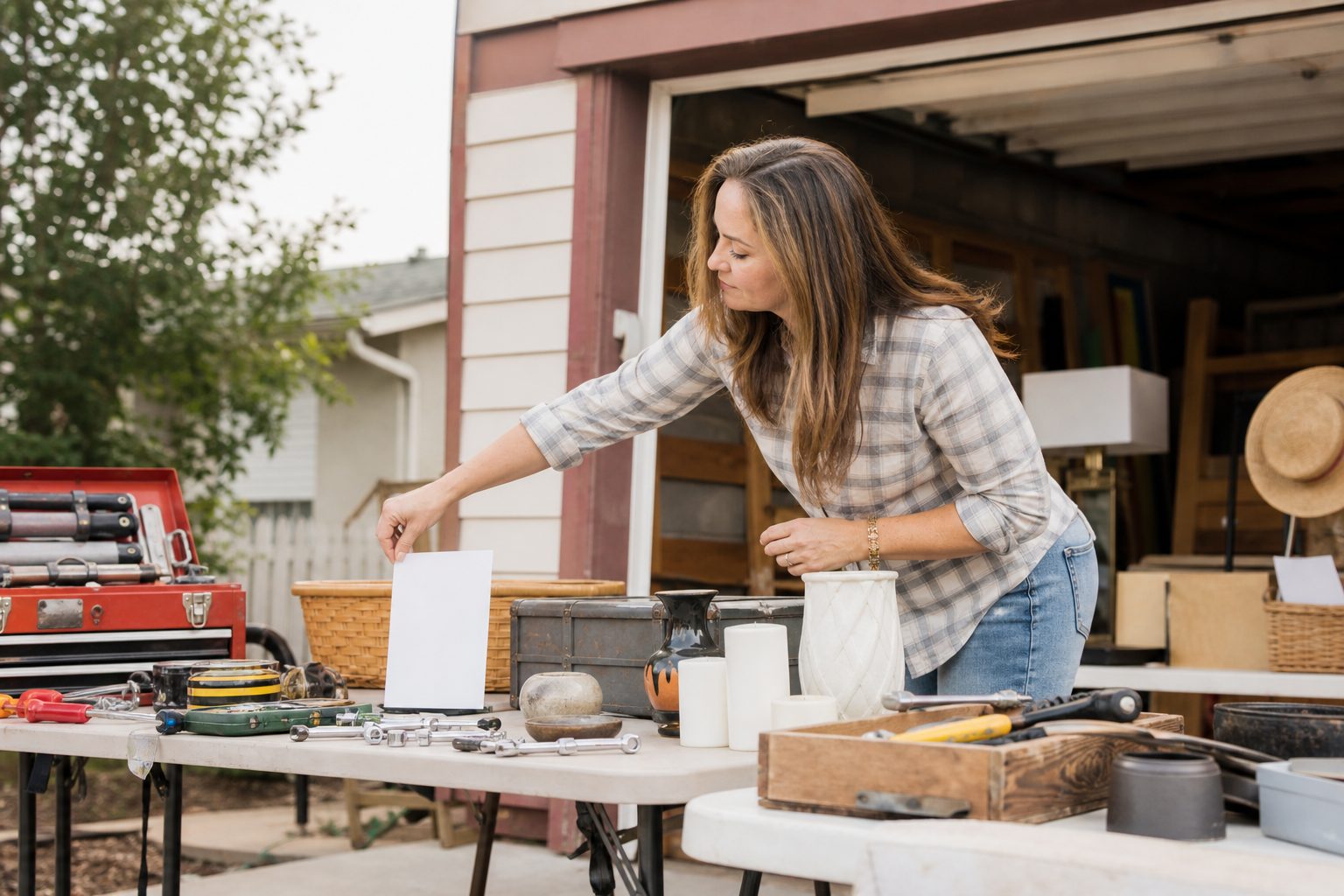 Estate sale organizer adjusting a discount card over tables of household goods in bright daylight