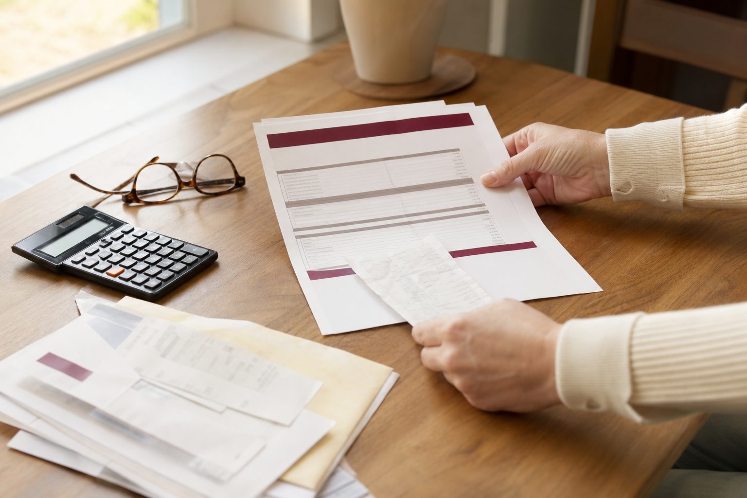Itemized settlement statement and receipts laid out on a warm wood table in bright light